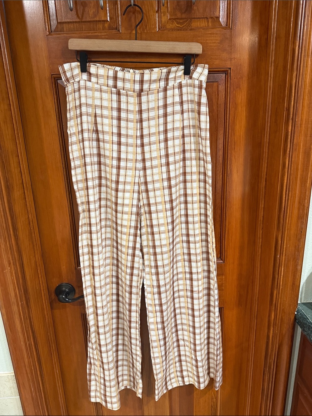 Petal & Pup Cream and Brown Plaid Wide-Leg Trousers